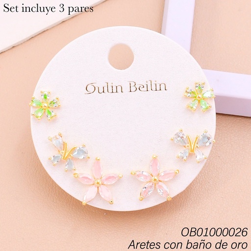 [OB01000026] PAQ. 3 PARES ARETES BAÑO DE ORO FLORES-MARIPOSA 91204YZ