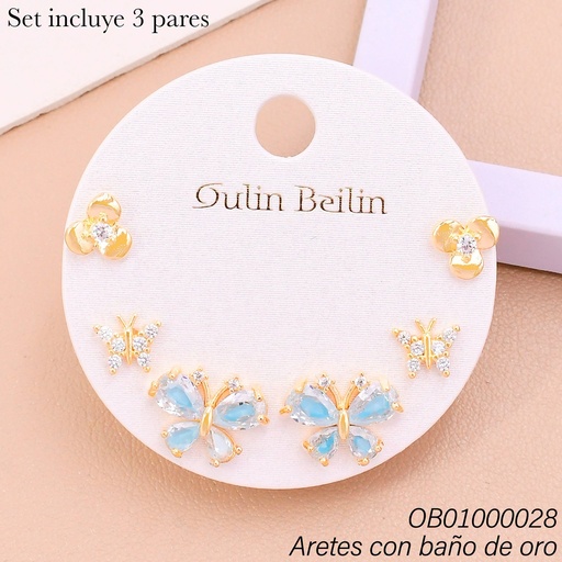 [OB01000028] PAQ. 3 PARES ARETES BAÑO DE ORO FLOR-MARIPOSAS 91966YZ