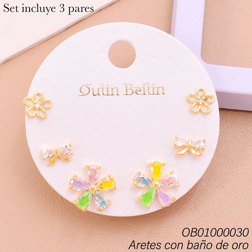 [OB01000030] PAQ. 3 PARES ARETES BAÑO DE ORO ZIRC.FLORES-LAZO 91752YZ