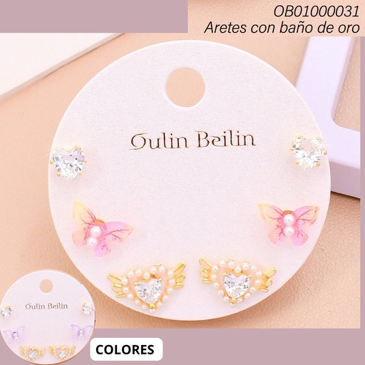 [OB01000031] PAQ. 3 PARES ARETES BAÑO DE ORO CORAZONES-MARIPOSA COL.SURT. 91841YZ
