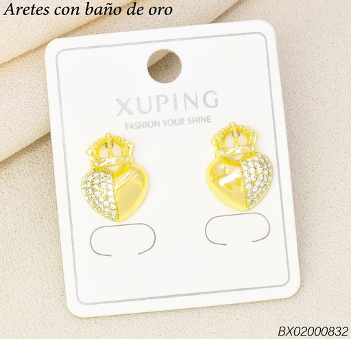 [BX02000832] ARETES BAÑO DE ORO 14K.XUPING CORAZON C/CORONA (XAG)