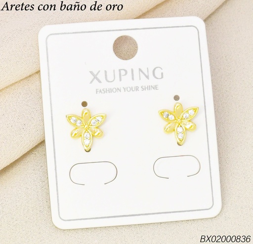 [BX02000836] ARETES BAÑO DE ORO 14K.XUPING FLOR 3 PETALOS ZIRC.(XAG)