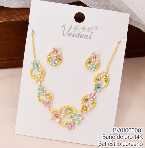 [BV01000001] SET BAÑO DE ORO 14K. CIRCULO C/FLORES COL.SURT (VEI080926)