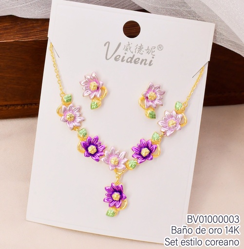 [BV01000003] SET BAÑO DE ORO 14K. FLORES C/HOJITAS COL.SURT (VEI080926)