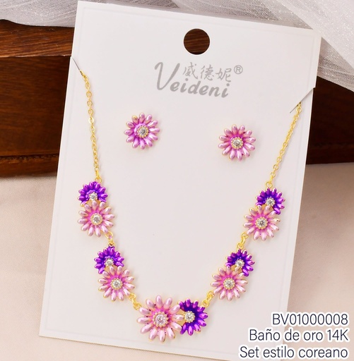 [BV01000008] SET BAÑO DE ORO 14K. FLOR PETALOS FINOS-ZIRC.COL.SURT (VEI080926)