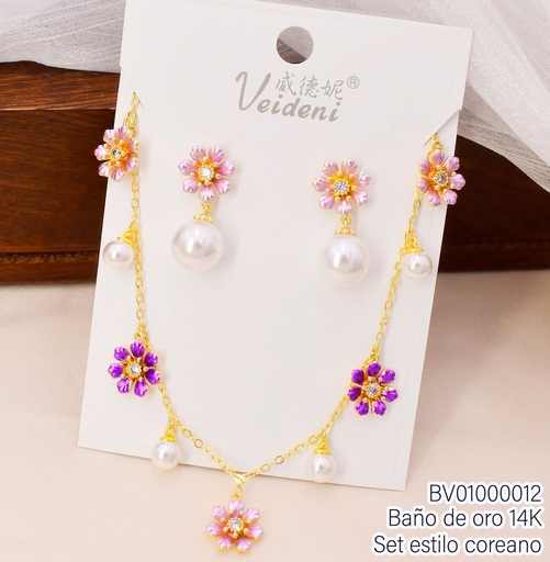 [BV01000012] SET BAÑO DE ORO 14K. FLOR C/PERLAS COL.SURT (VEI080926)