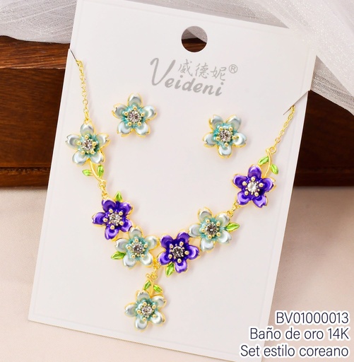 [BV01000013] SET BAÑO DE ORO 14K. FLORES 5 PET-ZIRC.RD COL.SURT (VEI080926)