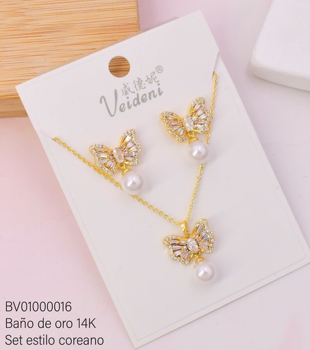 [BV01000016] SET BAÑO DE ORO 14K.MARIPOSA ZIRC.C/PERLA COLGANTE WTZ-059 (VEI080926)