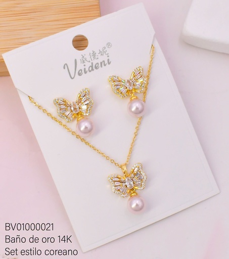 [BV01000021] SET BAÑO DE ORO 14K.MARIPOSA ZIRC.C/PERLA ROSE GOLD WTZ-059 (VEI080926)