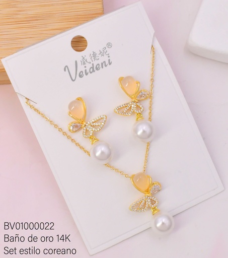 [BV01000022] SET BAÑO DE ORO 14K. MARIPOSA C/AMBAR-ZIRC-PERLA WTZ-067 (VEI080926)