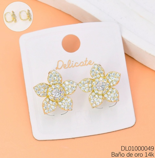 [DL01000049] ARETES BAÑO DE ORO 14K. HUGGIES FLOR 5 PETALOS PUNTAS XM1775A (DEL1)