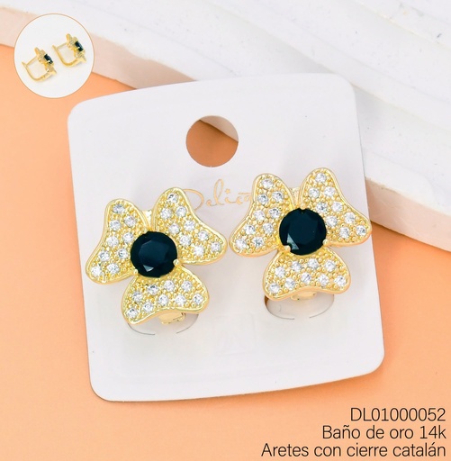[DL01000052] ARETES BAÑO DE ORO 14K FLOR 3 PETALOS ZIRC NEGRA CENTRO XM492I (DEL1)