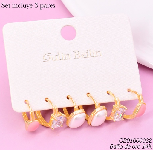 [OB01000032] PAQ.3 PARES ARETES BAÑO DE ORO 14K.RECT.COL.SURT./ZIRC.CD/RECT.PERLA 83169