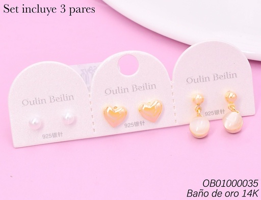 [OB01000035] PAQ.3 PARES ARETES BAÑO DE ORO 14K.PERLITA/CORAZON/RD BLANCO