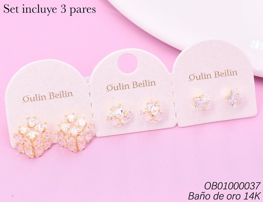 [OB01000037] PAQ.3 PARES ARETES BAÑO DE ORO 14K. ZIRC.DADO/CUPULA/CD. 88514YZ