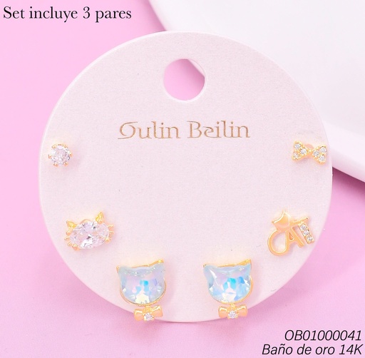 [OB01000041] PAQ.3 PARES ARETES BAÑO DE ORO 14K.ZIRC.RD/GATOS/LAZO/CAT 89981YZ