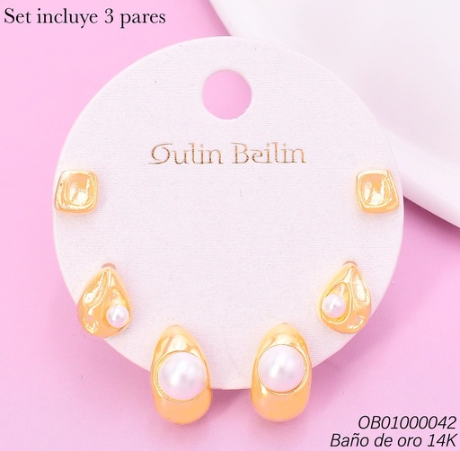 [OB01000042] PAQ.3 PARES ARETES BAÑO DE ORO 14K.CD./GOTA/"J"PERLA 90269YZ