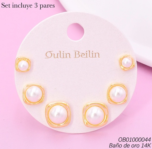 [OB01000044] PAQ.3 PARES ARETES BAÑO DE ORO 14K.PERLA BORDE CD. 90532YZ
