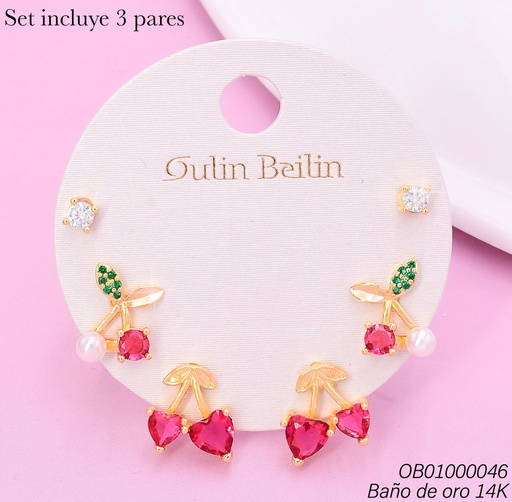 [OB01000046] PAQ.3 PARES ARETES BAÑO DE ORO 14K.ZIRC.RD/CEREZA COR./CEREZA PERLITA 92457YZ