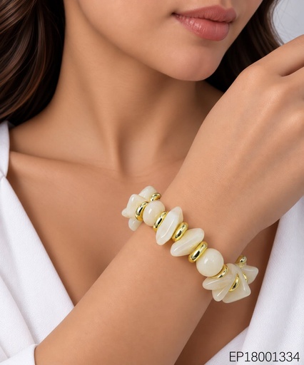 [EP18001334] PULSERA ACRILICO PIEDRA RD/GOTA IRREG. CREMA/RUEDITA DOR BE1282-21 (INV526)