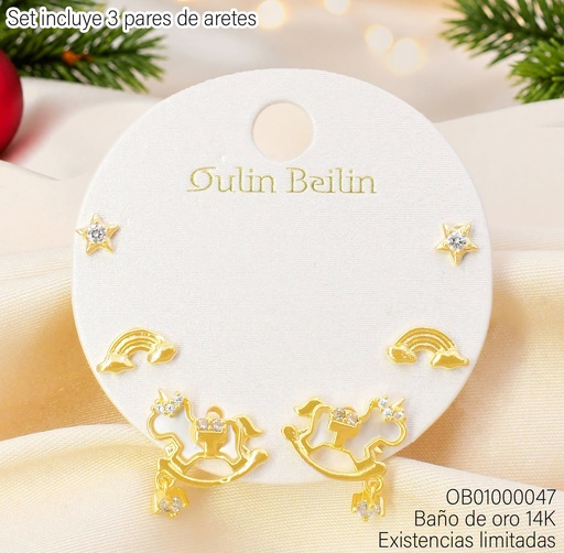 [OB01000047] PAQ. 3 PARES ARETES BAÑO DE ORO 14K. ESTRELLA/ARCOIRIS/UNICORNIO 89978YZ (NAV)