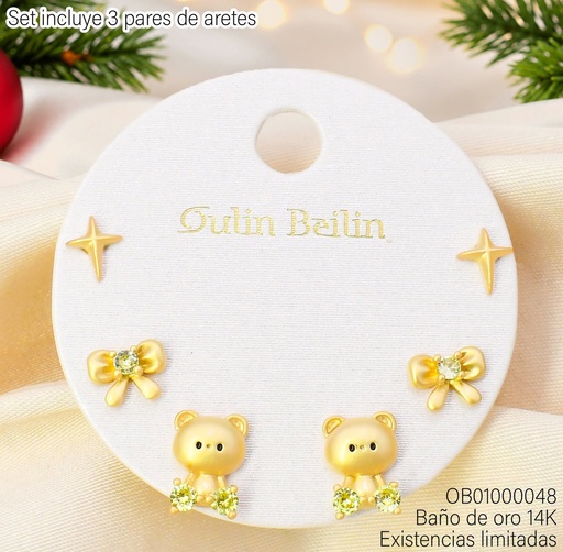[OB01000048] PAQ. 3 PARES ARETES BAÑO DE ORO 14K.  ESTRELLA/LAZO/OSITO 86368YZ (NAV)