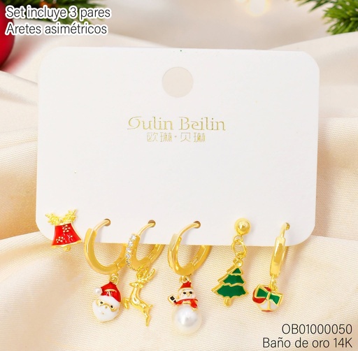 [OB01000050] ARETES BAÑO DE ORO 14K. CAMPANA/SANTA CLAUS/RENO/ARBOL 83870YZ (NAV)