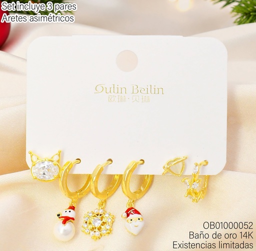 [OB01000052] ARETES BAÑO DE ORO 14K. GATO/MUÑECO DE NIEVE/ COPO / SANTA CLAUS 8934100 (NAV)