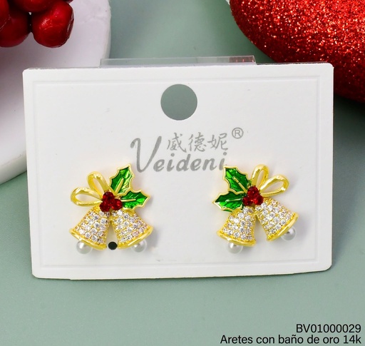 [BV01000029] ARETES BAÑO DE ORO 14K. CAMPANAS NAVIDEÑAS EH-3207 (VEI080926)(NAV)