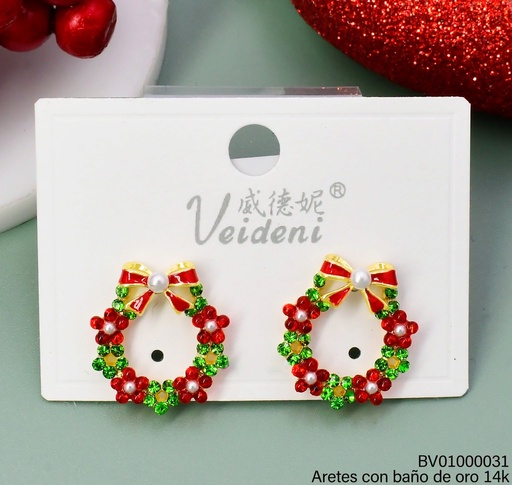 [BV01000031] ARETES BAÑO DE ORO 14K. CORONA NAVIDEÑA ZIRC. EH-3254 (VEI080926)(NAV)