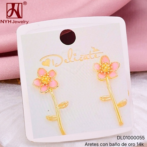 [DL01000055] ARETES BAÑO DE ORO 14K. FLOR ROSADA SH5176A (DEL1)