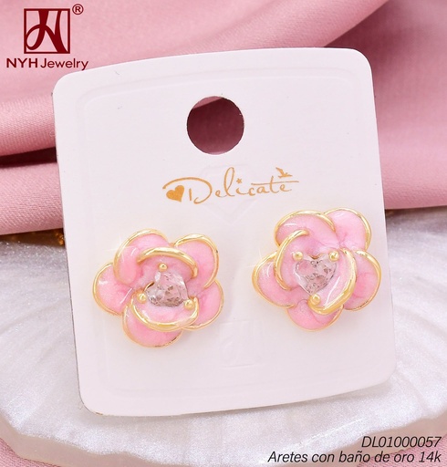 [DL01000057] ARETES BAÑO DE ORO 14K. FLOR ESMALTADA ROSADA WD5134C (DEL1)