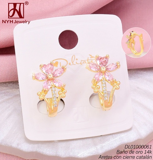 [DL01000061] ARETES BAÑO DE ORO 14K HUGGIES FLOR ZIRC ROSADA SS965F (DEL1)