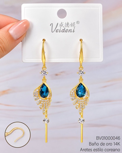 [BV01000046] ARETES BAÑO DE ORO 14K. GOTA AZUL LINEAS COLGANTES W-EH3614 (VEI080926)