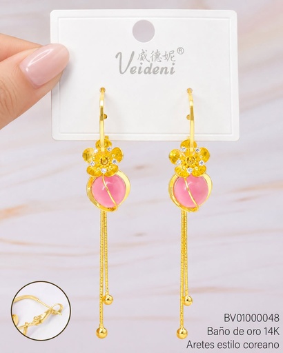 [BV01000048] ARETES BAÑO DE ORO 14K. FLOR/ PELOTITA ROSADA/COLGANTES EH-2920 (VEI080926)