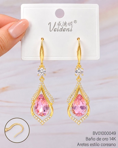 [BV01000049] ARETES BAÑO DE ORO 14K. CROQUI GOTAS/ GOTA ZIRC ROSADA EH-1684 (VEI080926)