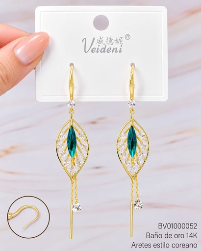 [BV01000052] ARETES BAÑO DE ORO 14K. HOJA ZIRC VERDE/CRISTAL W-EH-3373 (VEI080926)