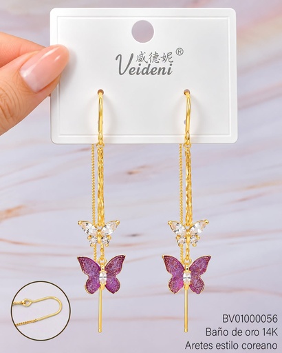 [BV01000056] ARETES BAÑO DE ORO 14K. MARIPOSAS LILA & CRISTAL EH-2747 (VEI080926)