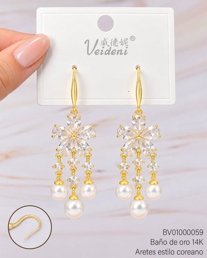 [BV01000059] ARETES BAÑO DE ORO 14K.FLOR ZIRC. CRISTAL/PERLA EH-4481 (VEI080926)