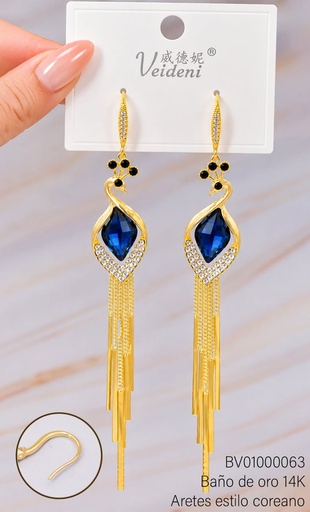 [BV01000063] ARETES BAÑO DE ORO 14K. PAVO REAL ZIRC.  AZUL 1382 (VEI080926)