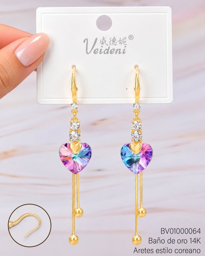 [BV01000064] ARETES BAÑO DE ORO 14K. CORAZON TORNASOL EH-2886(VEI080926)