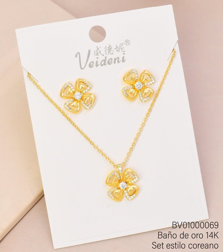 [BV01000069] SET BAÑO DE ORO 14K. FLOR 4 PETALOS ZIRC. WTZ-055 (VEI080926)