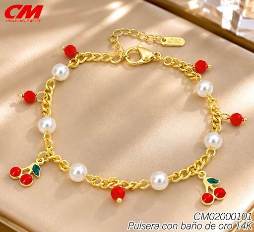 [CM02000101] PULSERA BAÑO DE ORO 14K. PERLA/PELOTITAS ROJAS CS-15900001 (27A)