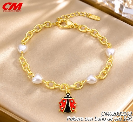 [CM02000102] PULSERA BAÑO DE ORO 14K. CORAZONES BLANCOS-MARIQUITA CS-180900002 (27A)