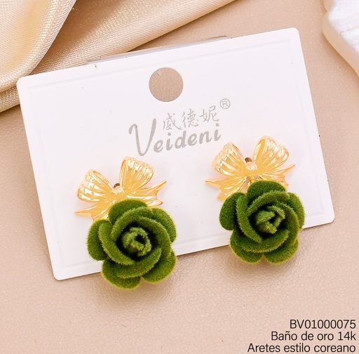 [BV01000075] ARETES BAÑO DE ORO 14K LAZO/FLOR GAMUZA VERDE EH-3764(VEI080926)