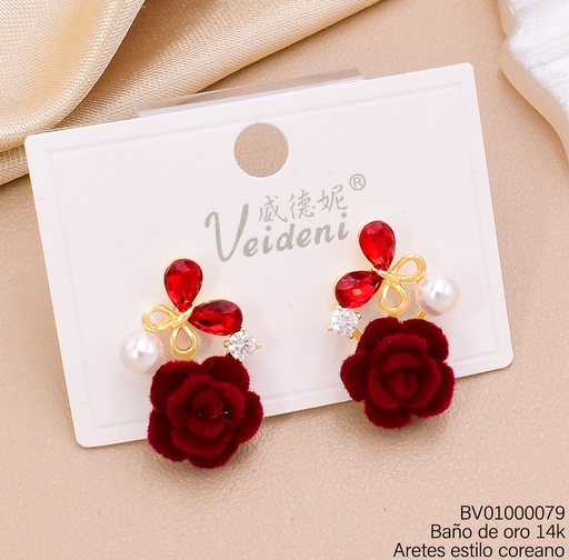 [BV01000079] ARETES BAÑO DE ORO 14K.MARIPOSA ZIRC/FLOR GAMUZA ROJA/PERLA  EH-4418 (VEI080926)