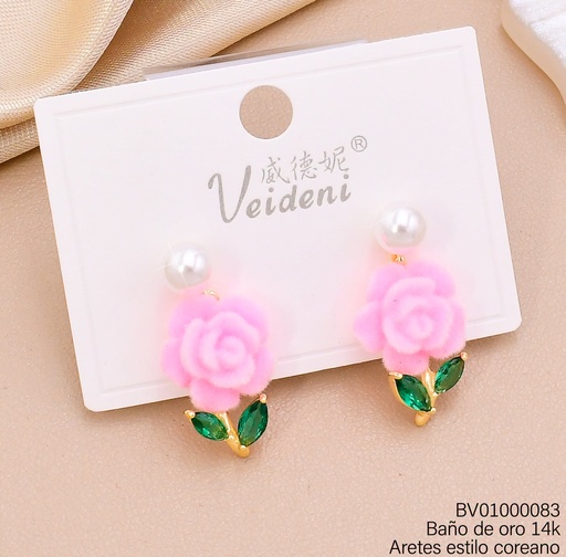 [BV01000083] ARETES BAÑO DE ORO 14K. PERLA/FLOR GAMUZA ROSADA/HOJITAS ZIRC.EH-4154(VEI080926)