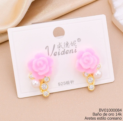 [BV01000084] ARETES BAÑO DE ORO 14K FLOR GAMUZA ROSADA/ZIRC. RD/PERLA EH-4138(VEI080926)