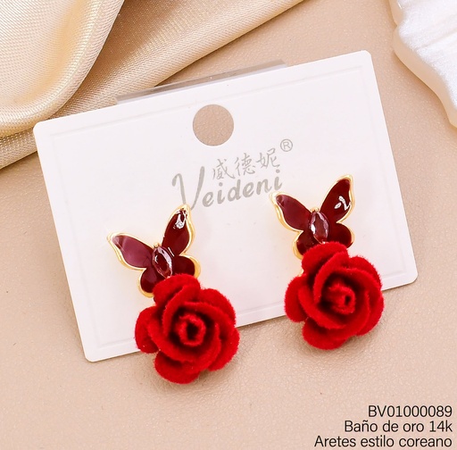 [BV01000089] ARETES BAÑO DE ORO 14K MARIPOSA ESMALTADA/FLOR GAMUZA ROJA EH-4443(VEI080926)