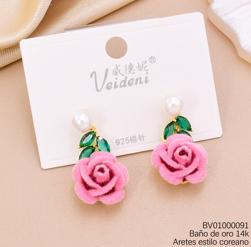 [BV01000091] ARETES BAÑO DE ORO 14K PERLA/HOJITAS ZIRC/FLOR GAMUZA ROSADA EH-4438 (VEI080926)